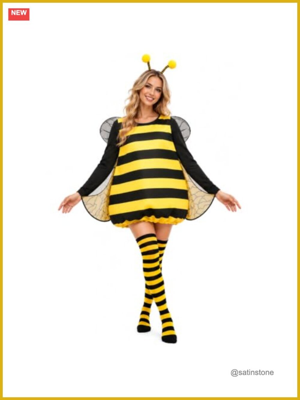 Bee Costume Set Women Bumble Halloween Outfit Dress Wings Socks Headband